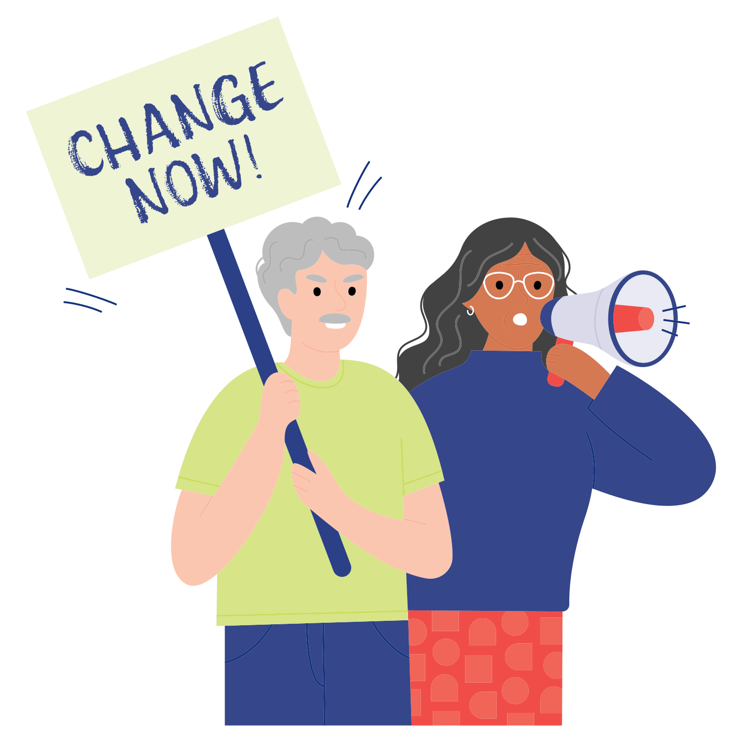 Leute mit einem Schild und Megafon bei einem Protest.