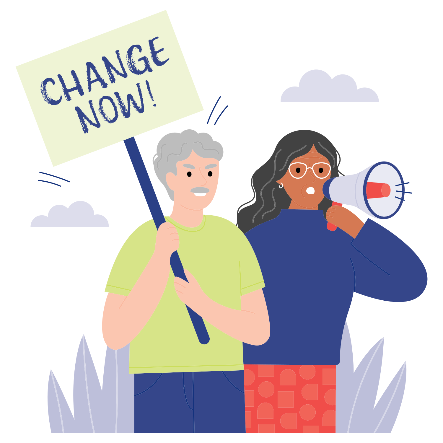 Menschen, die mit Schild und Megafon protestieren