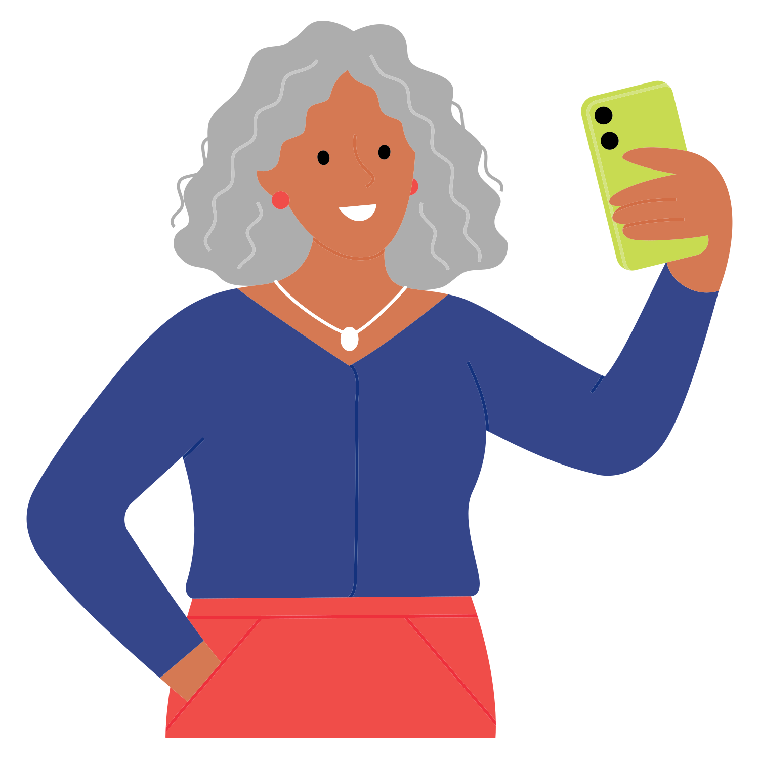 An older woman with gray hair takes a selfie.