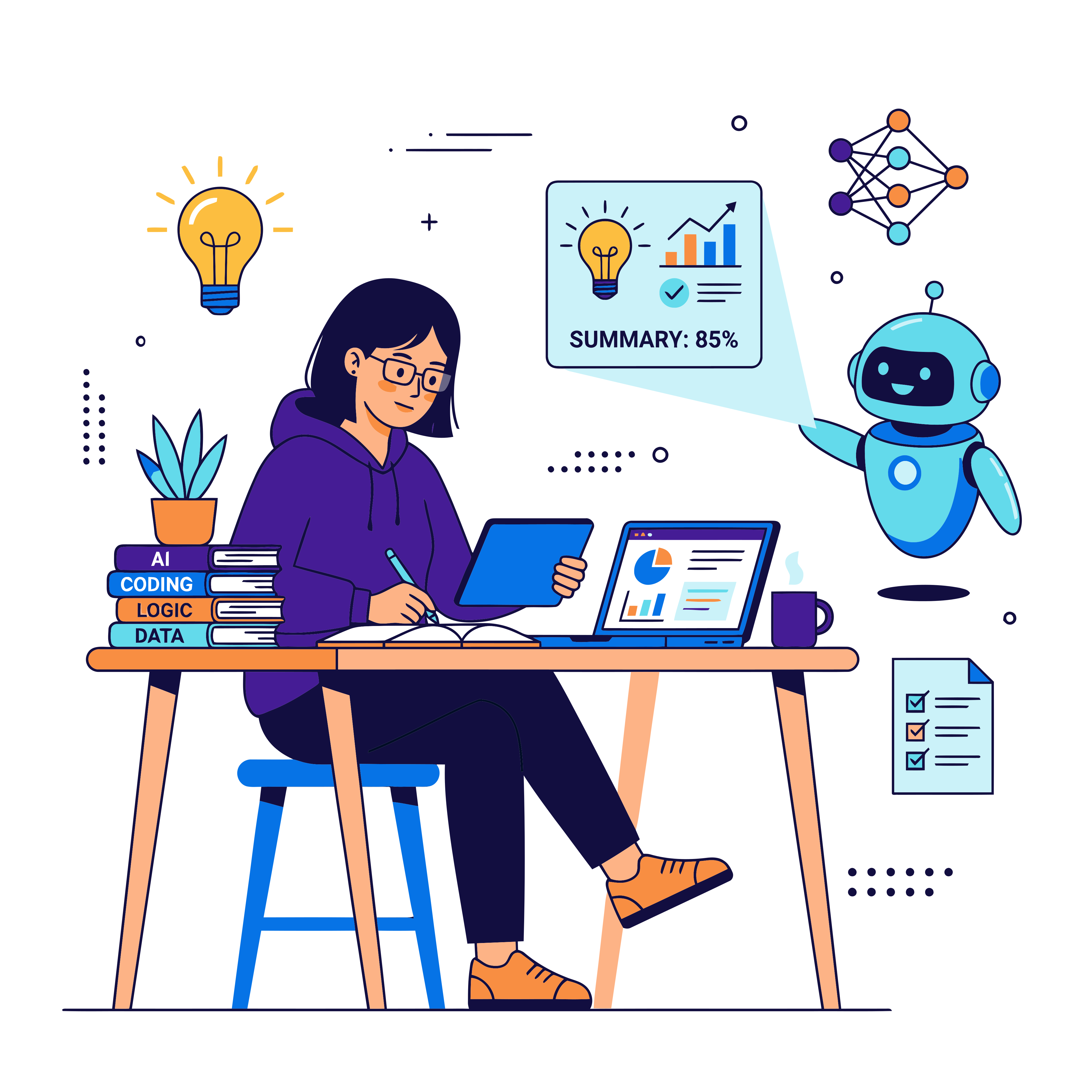 Woman working with laptop and robot assistant