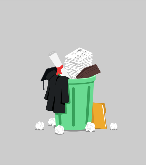 Graduation cap and diploma in trash can