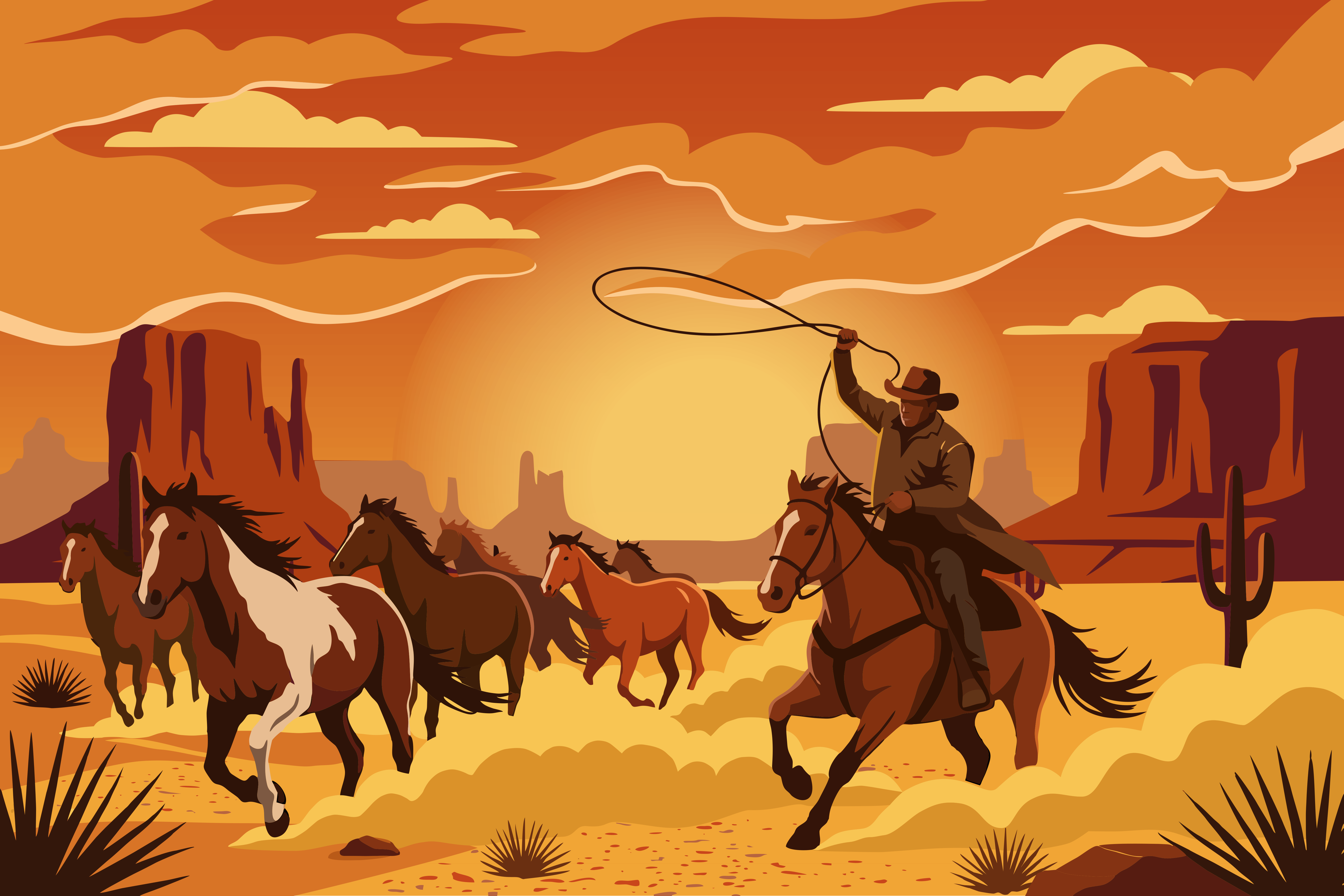 Cowboy on horseback with lasso in desert landscape