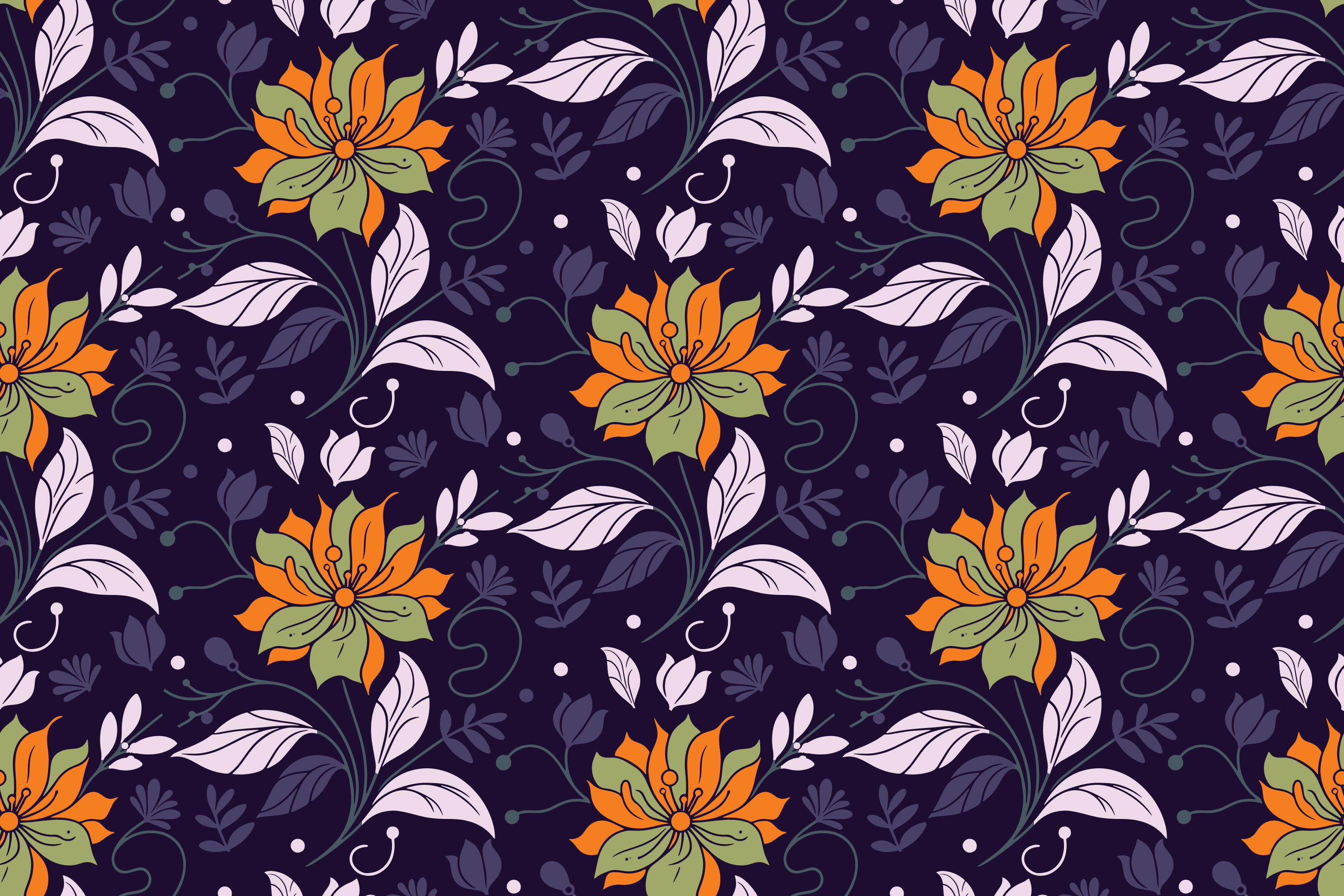 Blumenmuster mit orangen und grünen Blüten auf dunklem Hintergrund