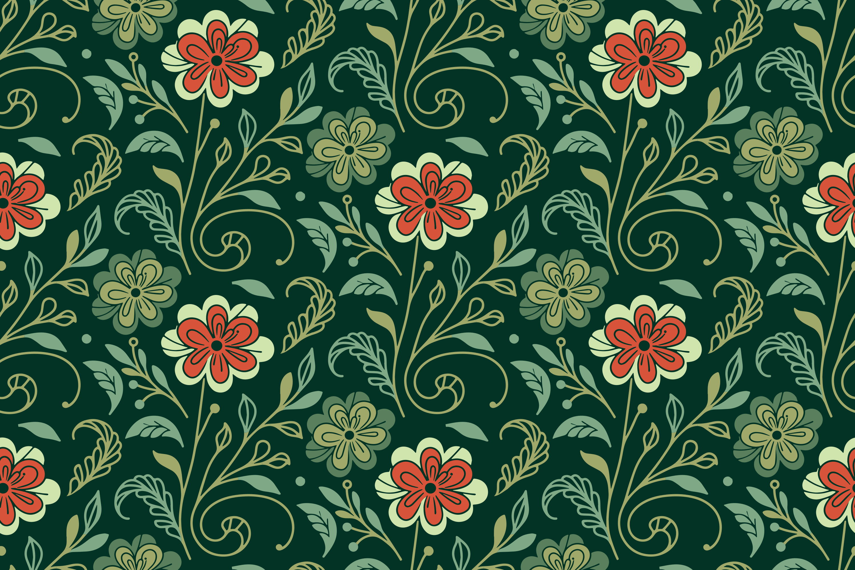 A repeating floral pattern with red and green flowers.