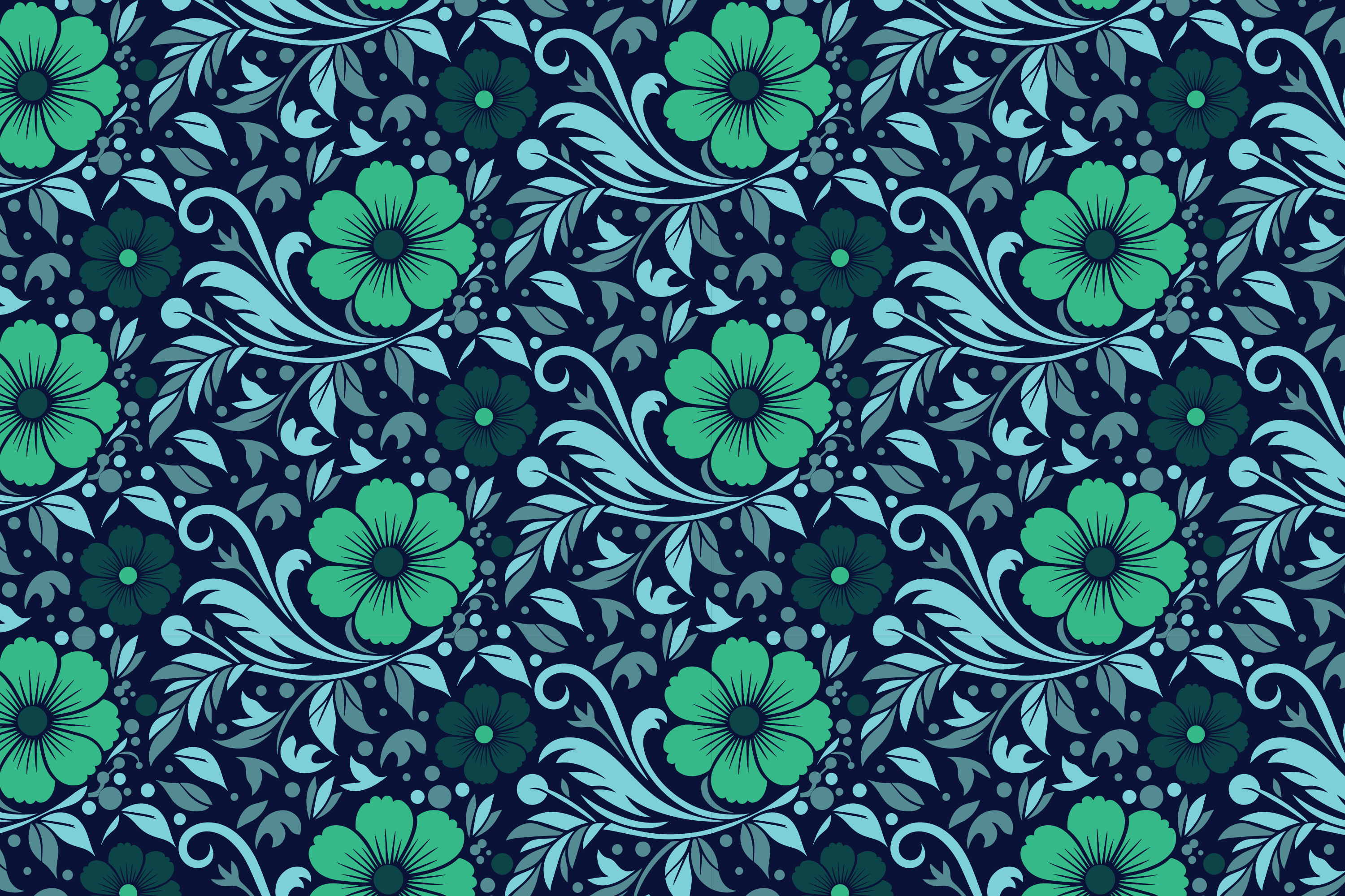 Teal floral pattern on a dark blue background