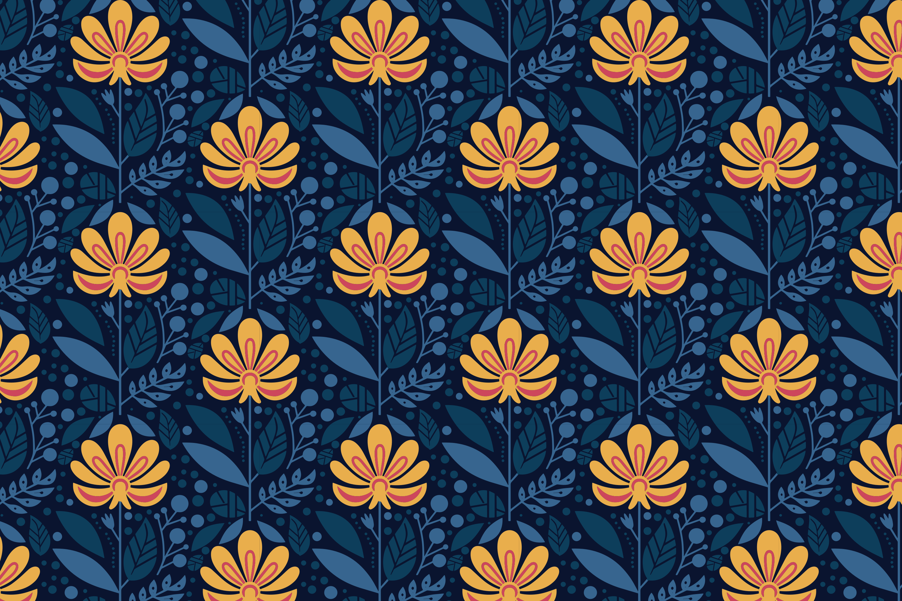 A repeating pattern of yellow flowers and blue leaves