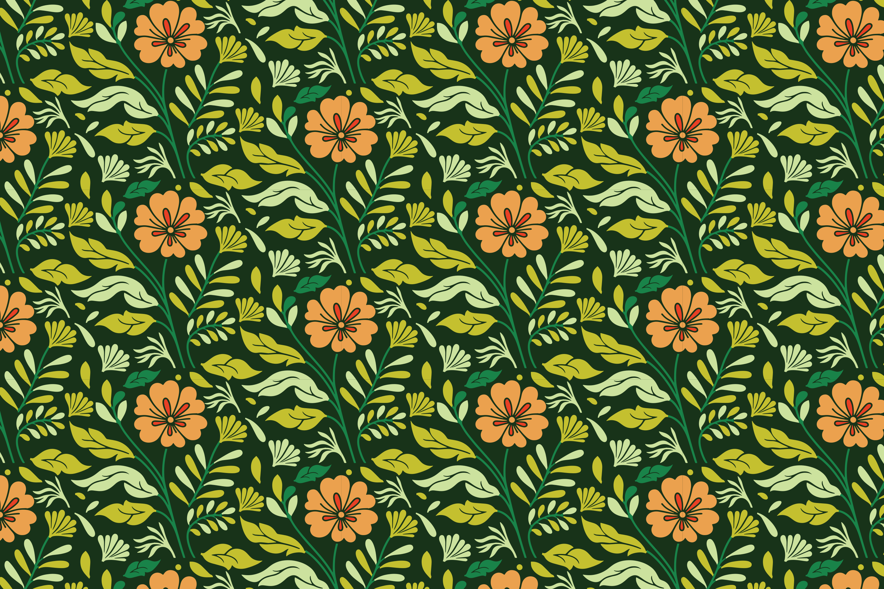 Seamless floral pattern with orange flowers and green leaves.