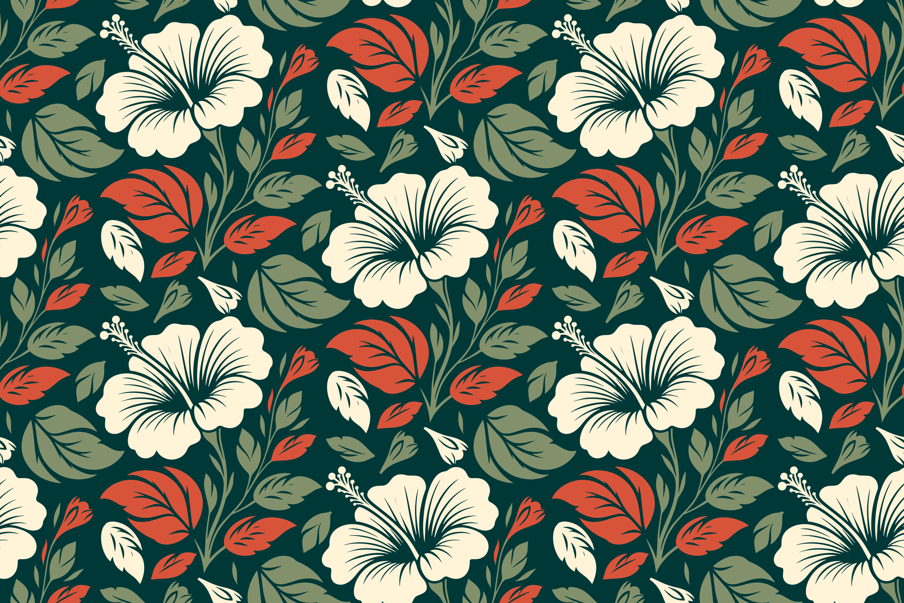 Creme-Hibiskusblüten mit grünen und roten Blättern