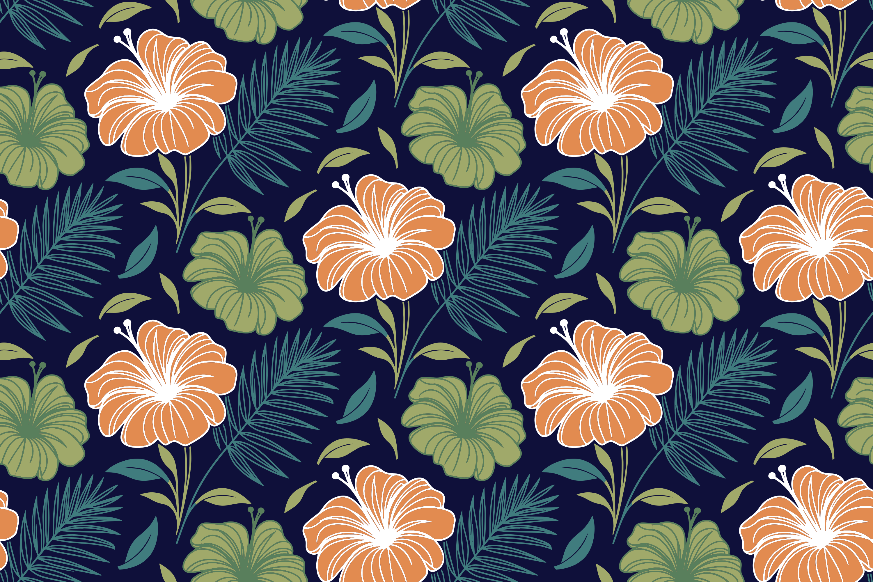 Orangefarbene Hibiskusblüten und grüne Blätter auf dunklem Hintergrund