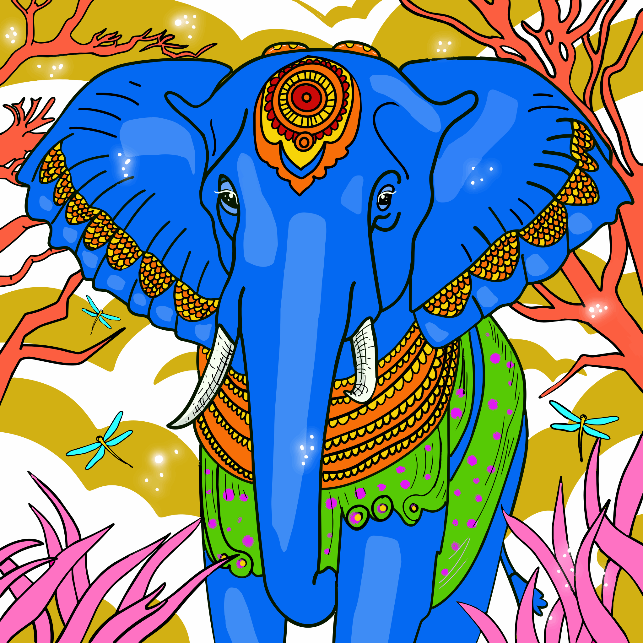 Ein lebhaft dekorierter blauer Elefant steht zwischen farbenfroher, stilisiertem Laub.