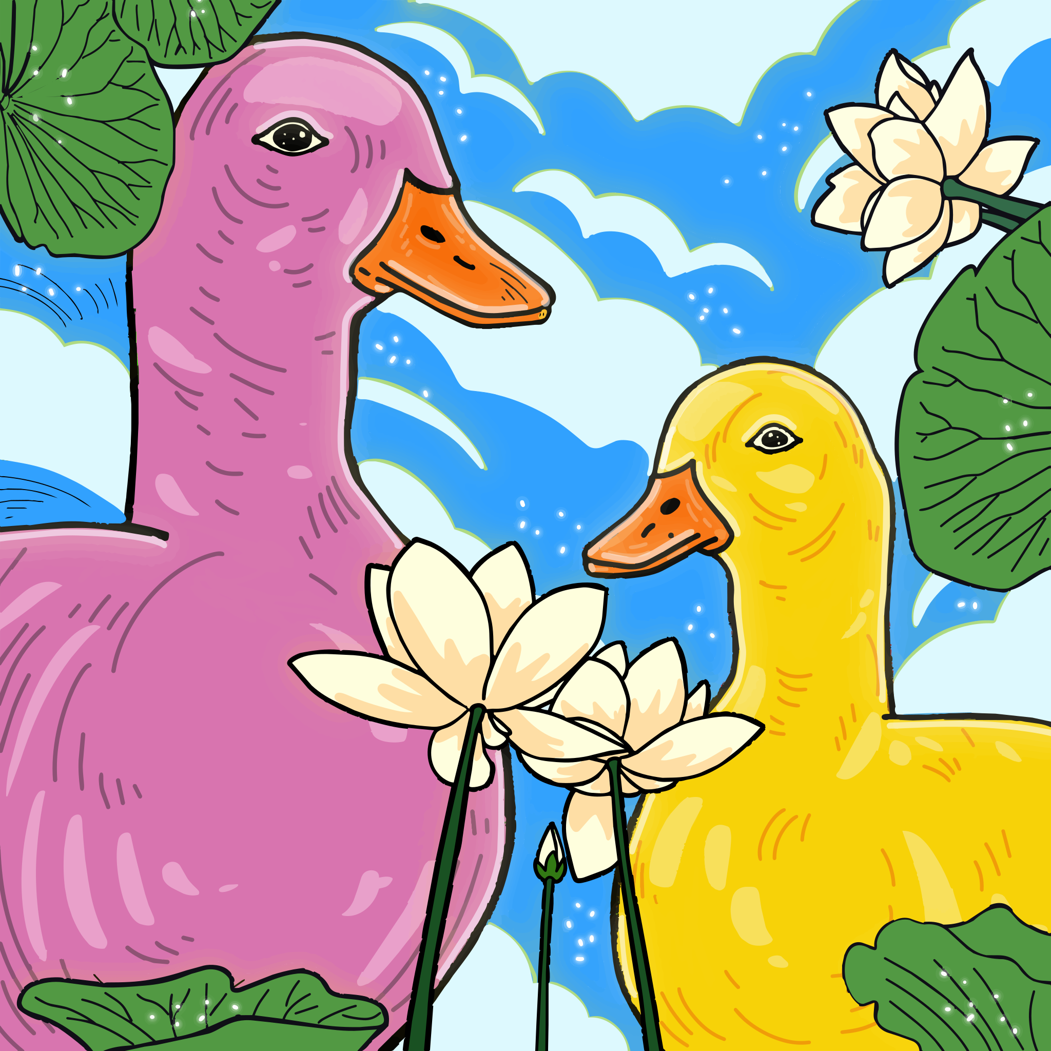 Dois patos vibrantes com flores de lótus contra um céu nublado.