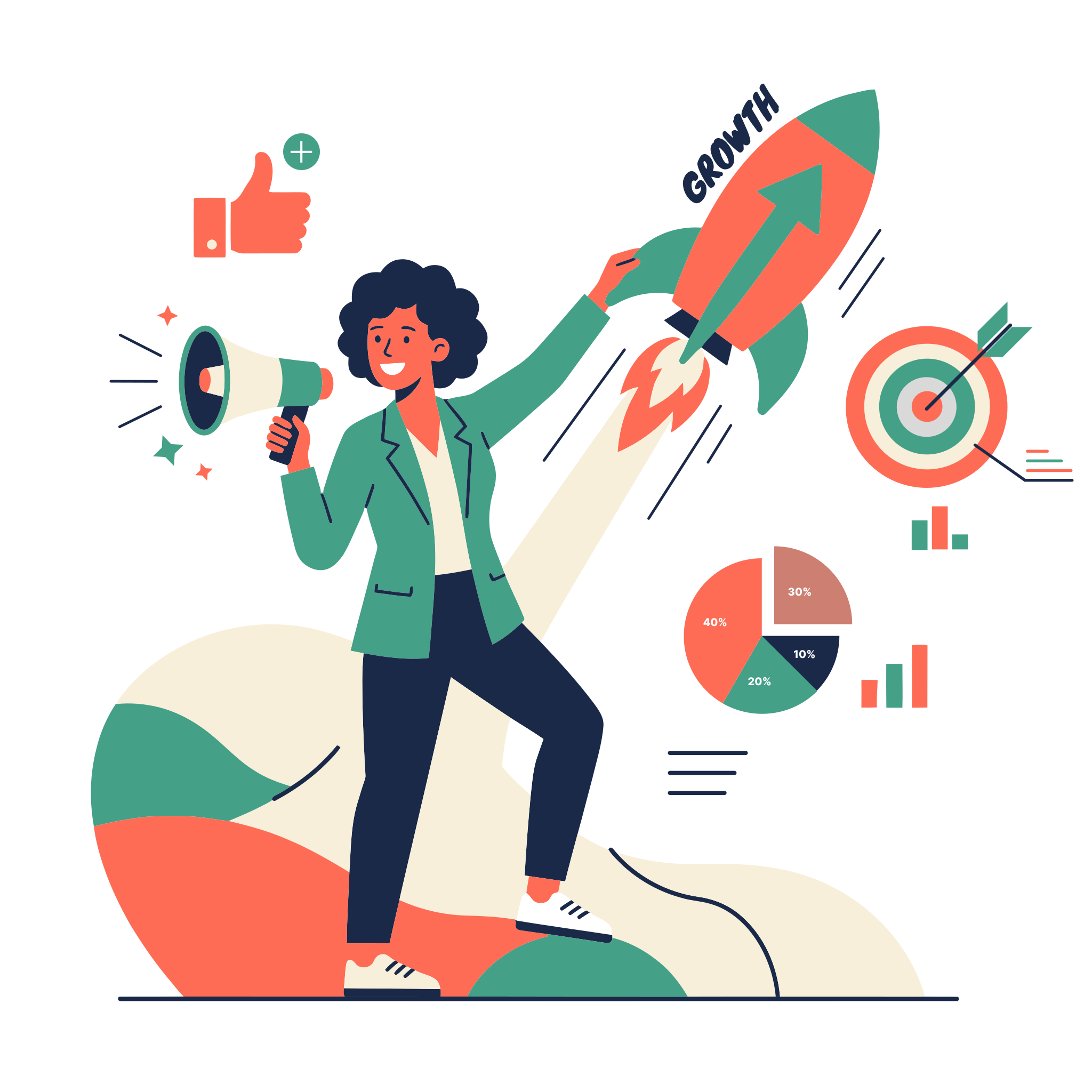 Woman holding megaphone with rocket labeled growth