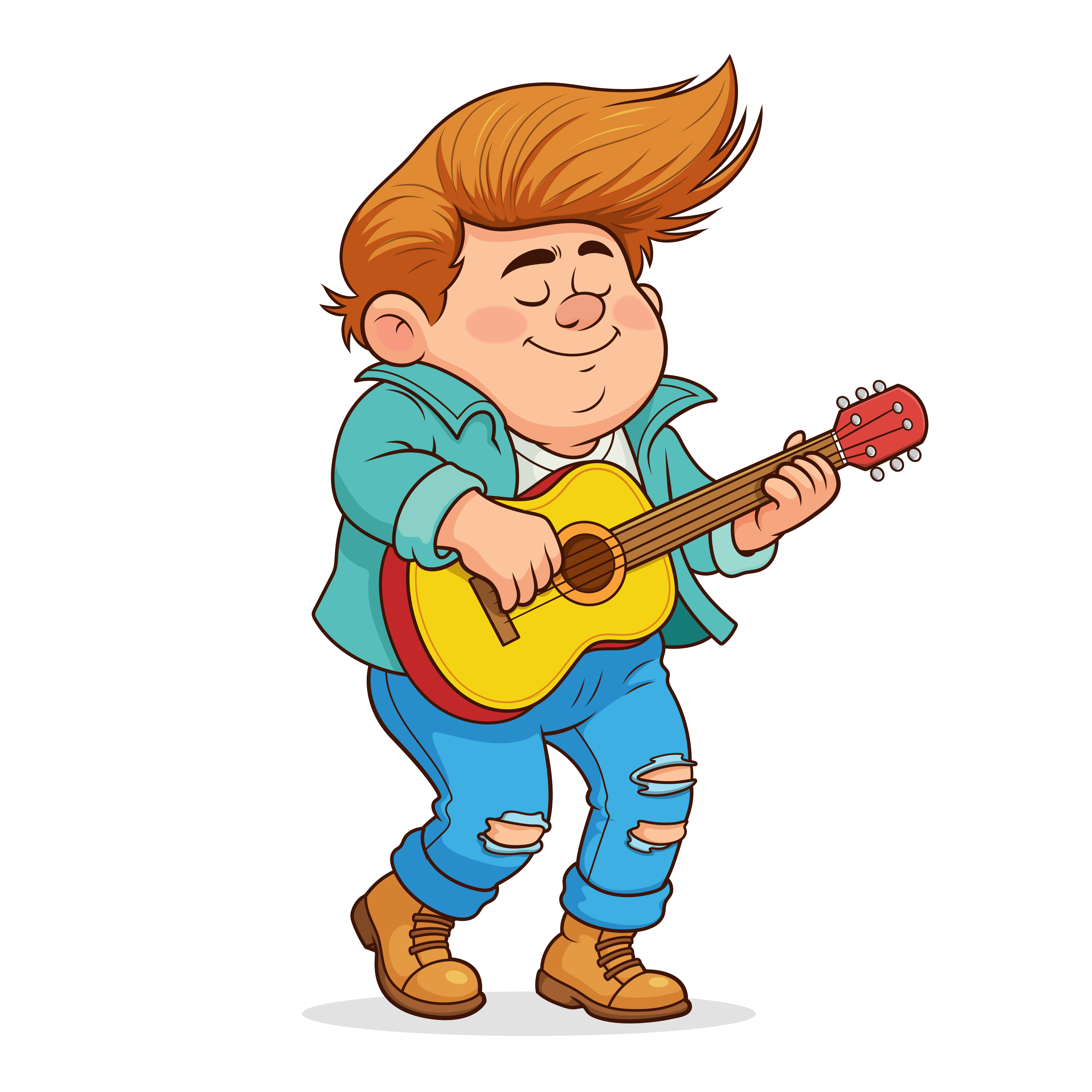 Ein Cartoon-Junge, der mit geschlossenen Augen eine Akustikgitarre spielt.