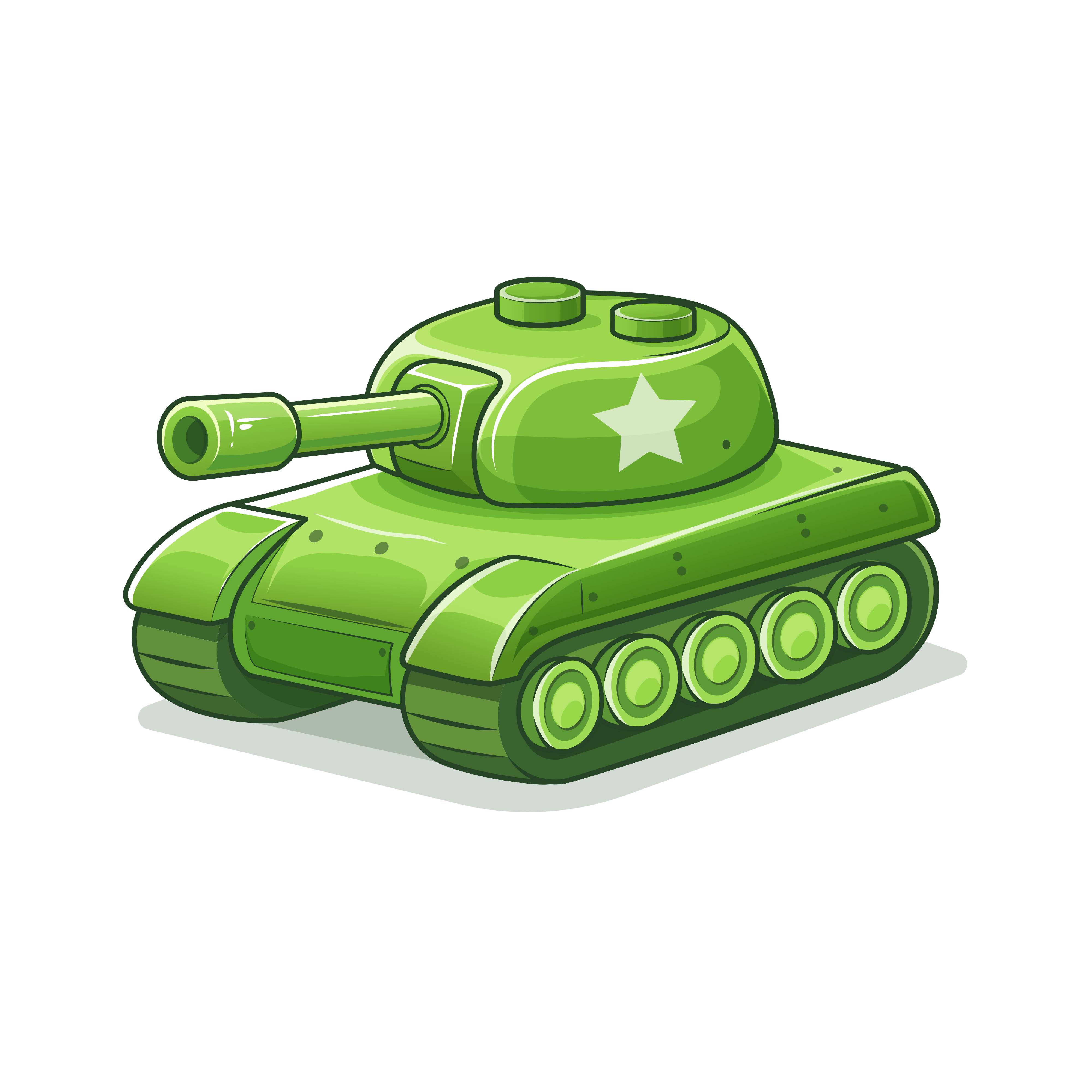 A cartoon green toy tank with a white star.