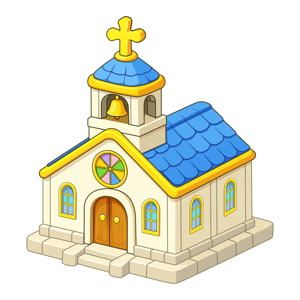 Una pequeña iglesia de estilo caricaturesco con campanario.