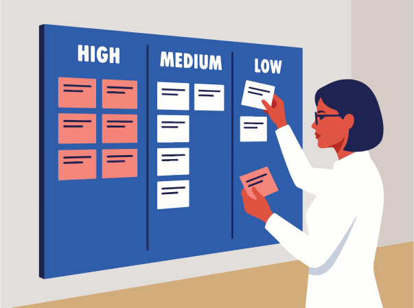 Woman organizing notes on a priority board.