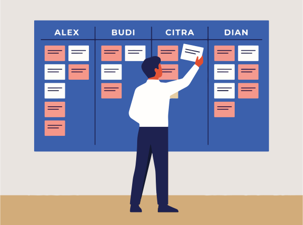 Man placing card on a kanban board