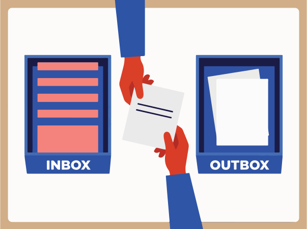Hands moving document between inbox and outbox