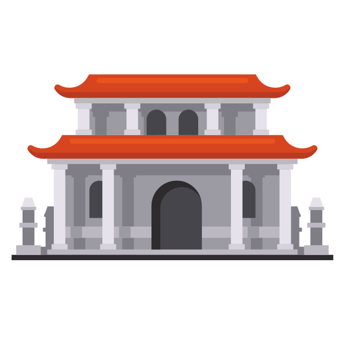 赤い屋根と柱を持つ伝統的な東アジア建築