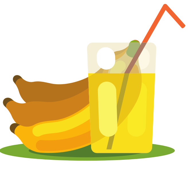 Un mazzo di banane accanto a un bicchiere di succo giallo.