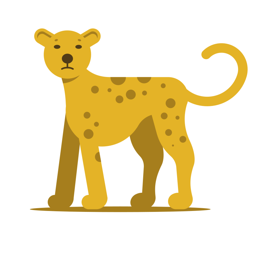 Un léopard jaune stylisé avec des taches brunes se dresse.