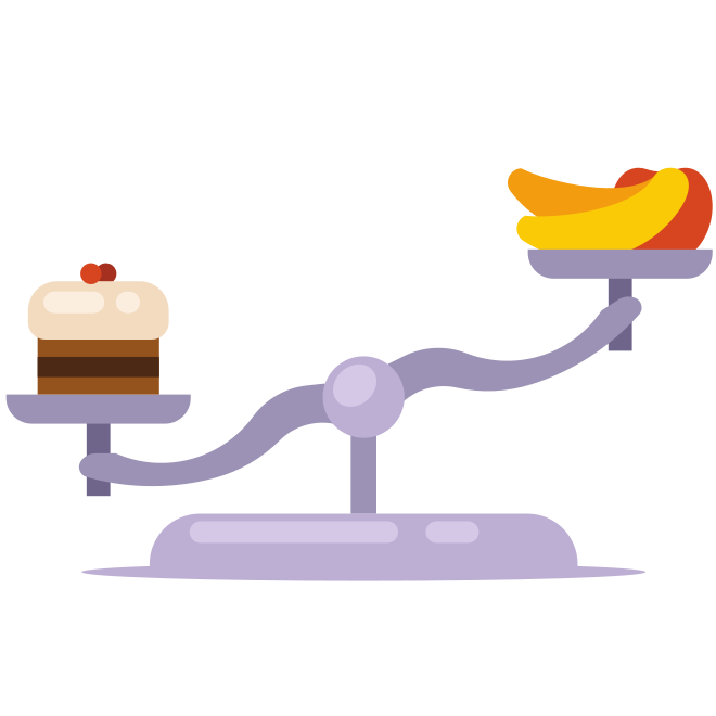 A scale balances a cake against fruit.