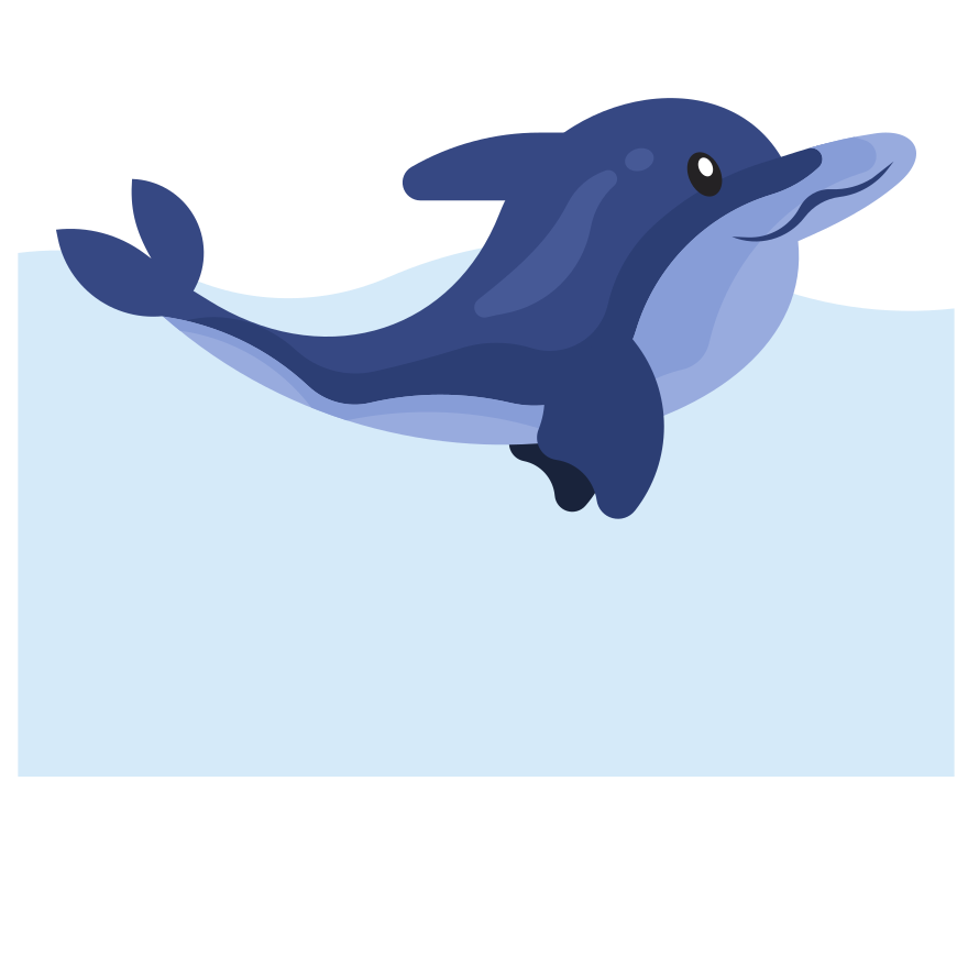 A cartoon dolphin swimming in light blue water.