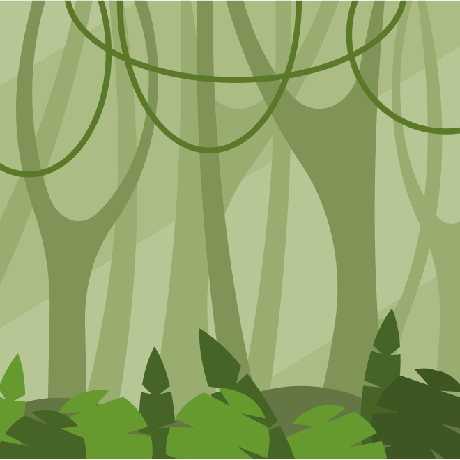 Green jungle with hanging vines and lush foliage