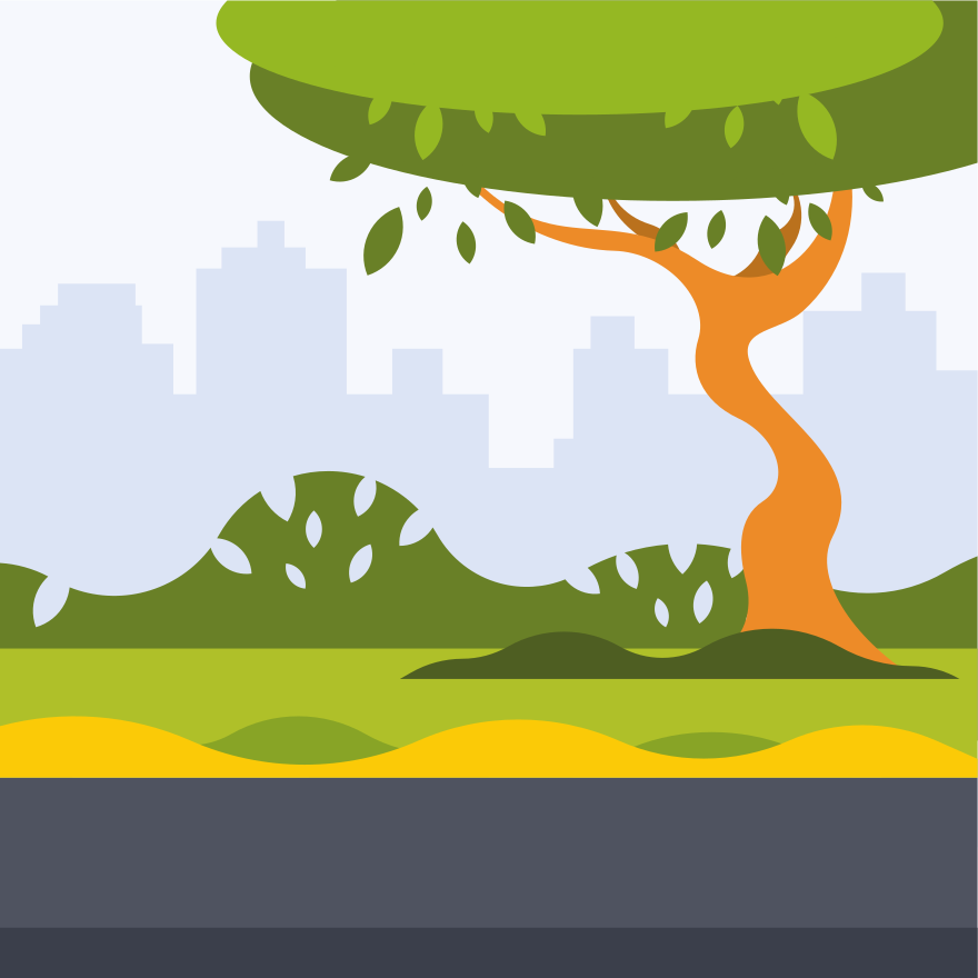 Scena del parco stilizzata con sfondo di alberi e skyline della città