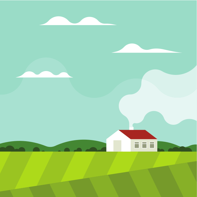 A small house with smoke coming from chimney.