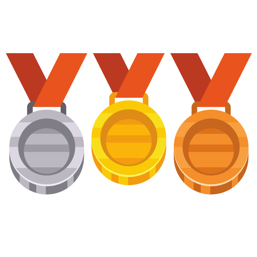 Gold, silver, and bronze medals on orange ribbons