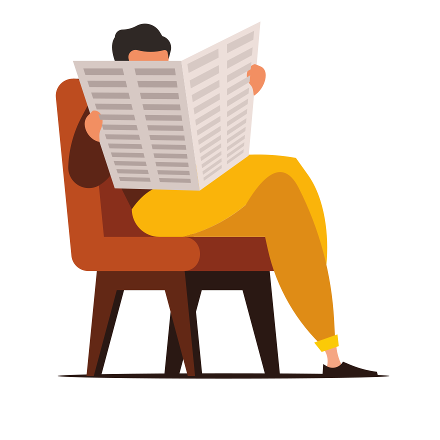 Eine Person, die auf einem Stuhl sitzt und eine Zeitung liest.