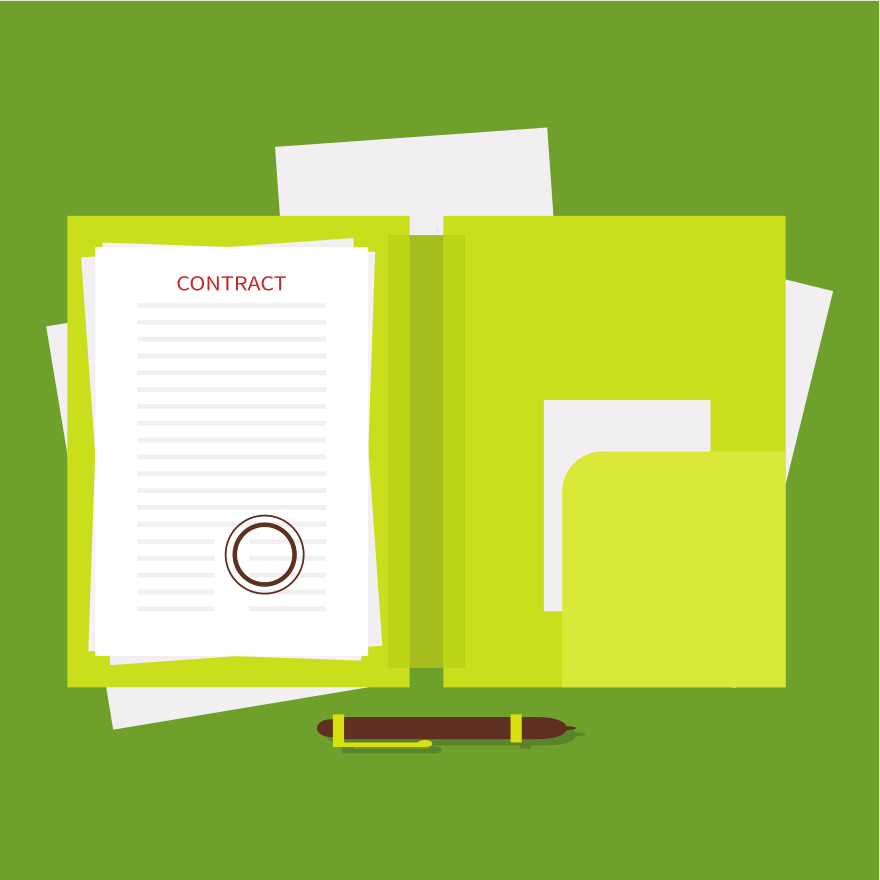 Green folder with contract and pen on green background