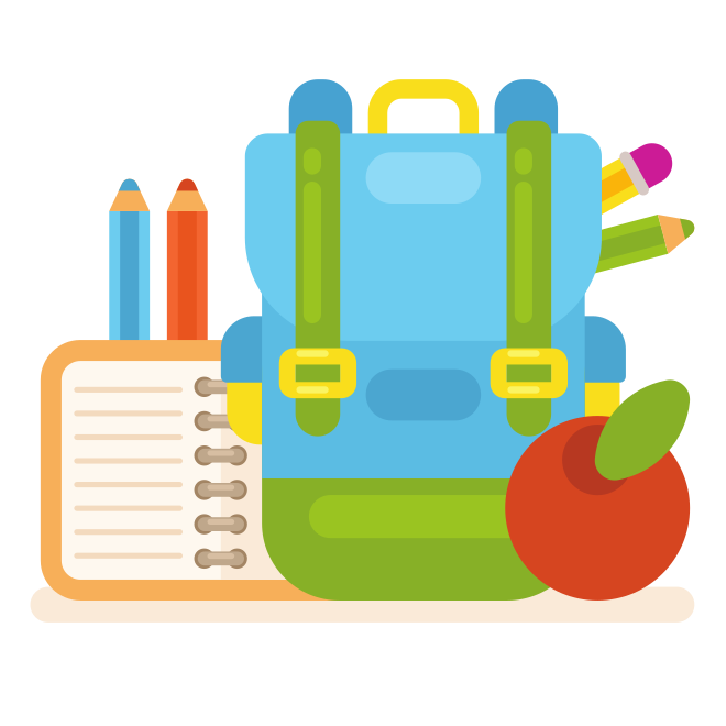 Uma mochila com material escolar e uma maçã.