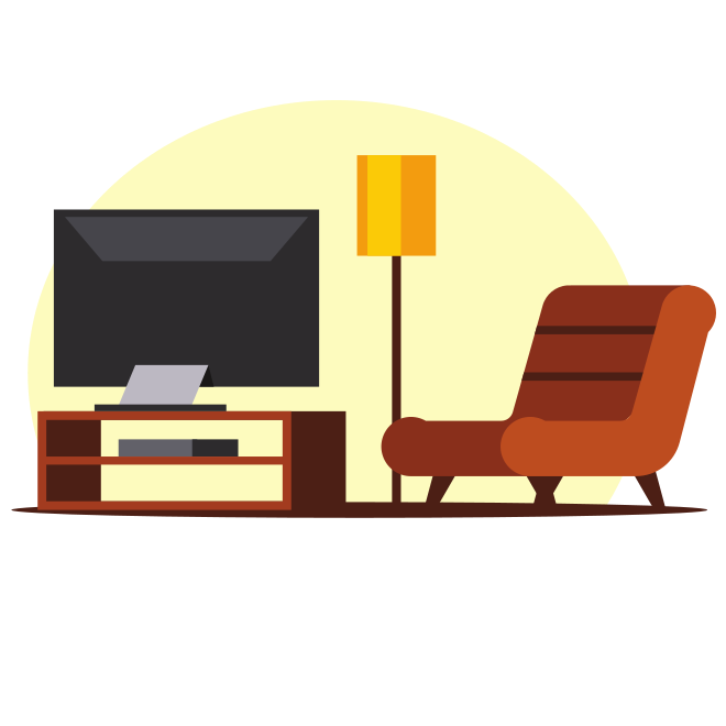 Salón con televisión, sillón y lámpara de pie.