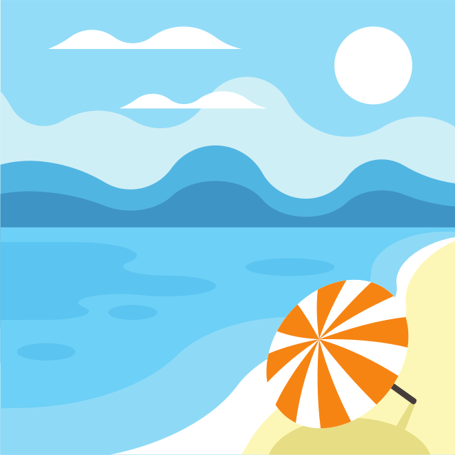 Beach umbrella on a sandy shore with ocean waves