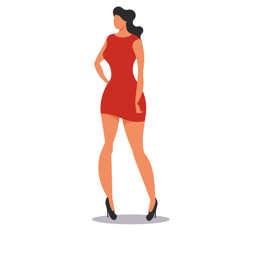 Woman in a short red dress and black heels