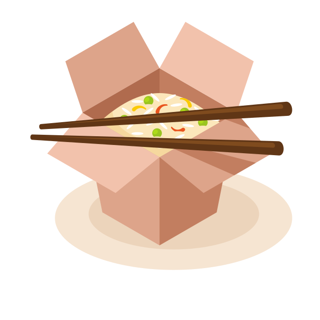Scatola di cibo da asporto piena di noodles e bacchette