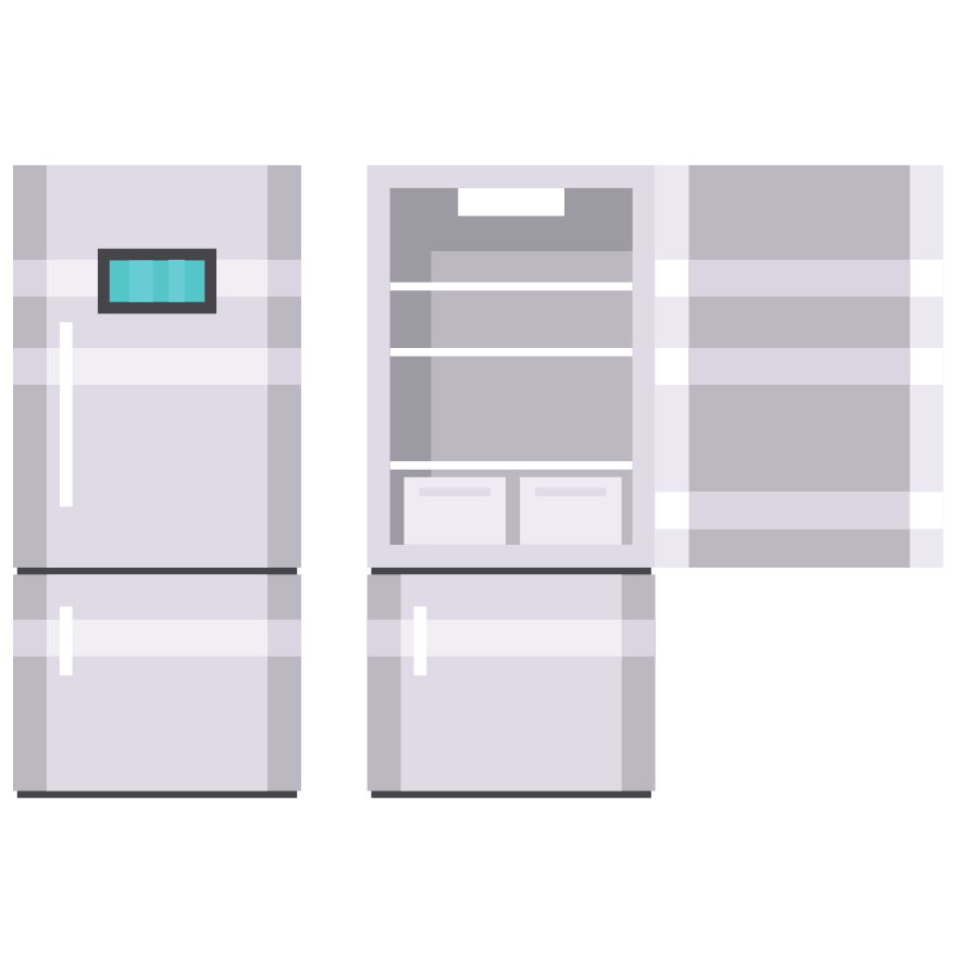 A closed and open refrigerator side-by-side