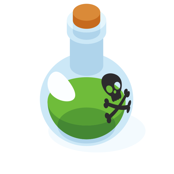 Una bottiglia di vetro con un liquido verde e il simbolo del teschio.