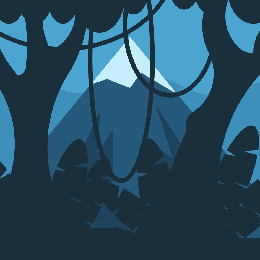 Dark jungle scene with distant snow-capped mountain