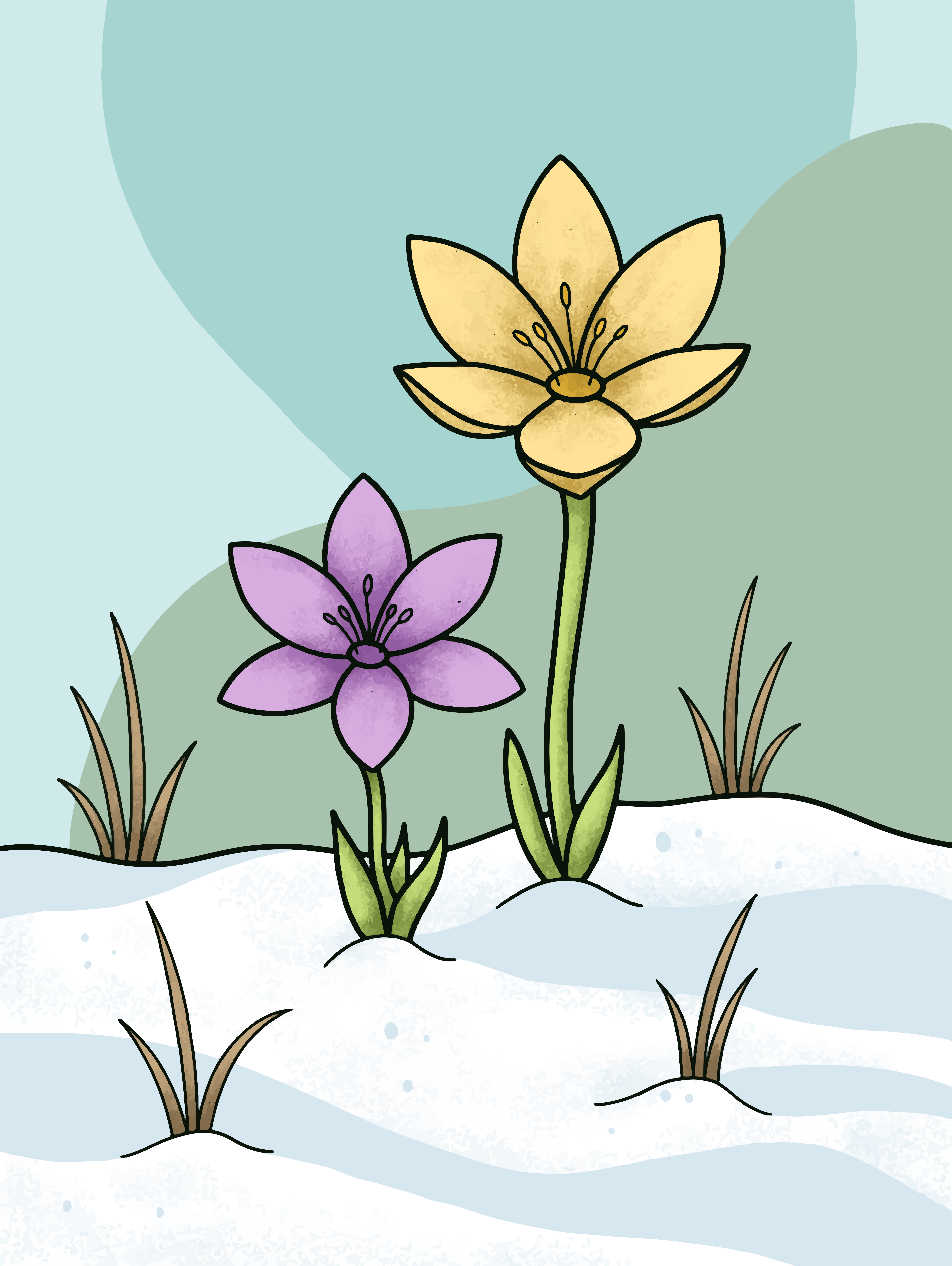 Zwei bunte Blumen, die im Schnee blühen.