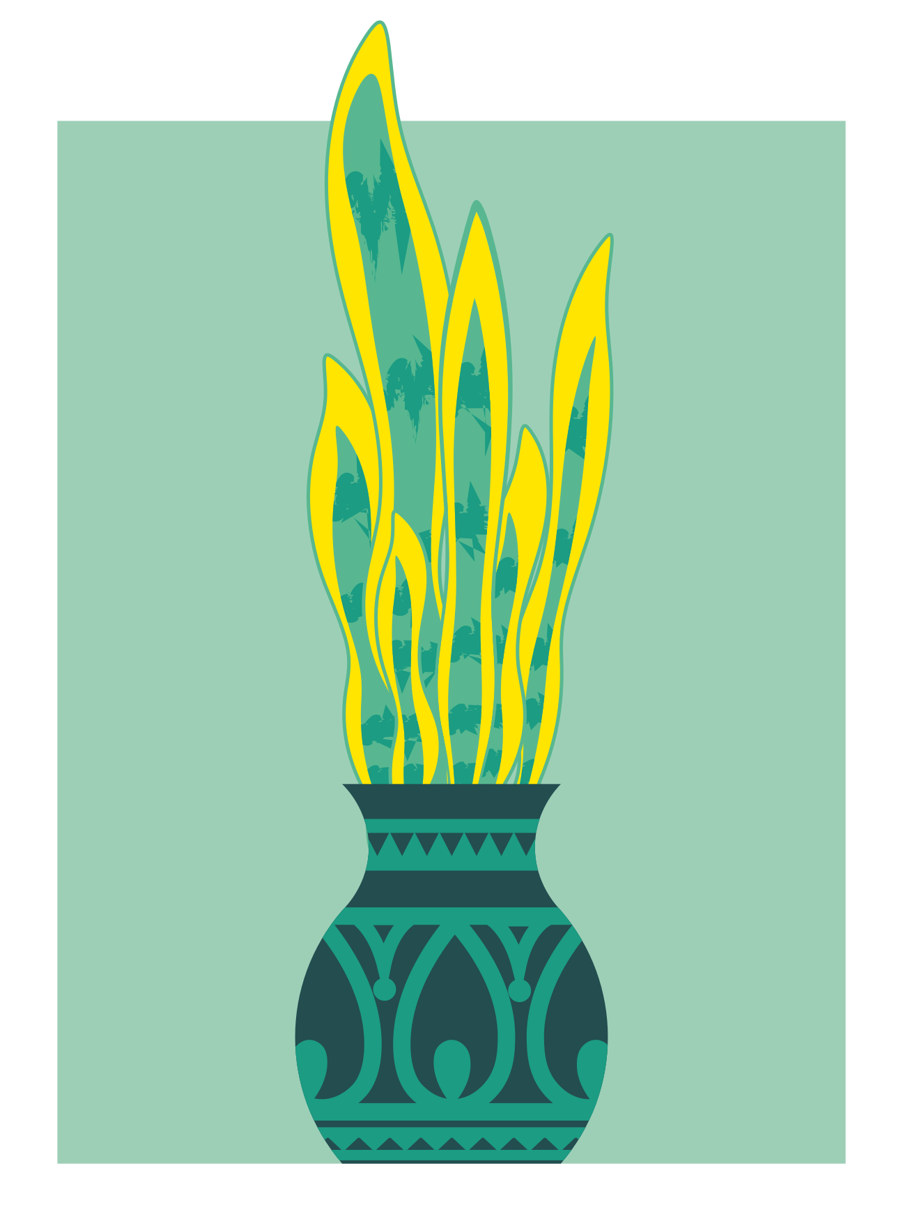 A tall potted plant with patterned leaves.