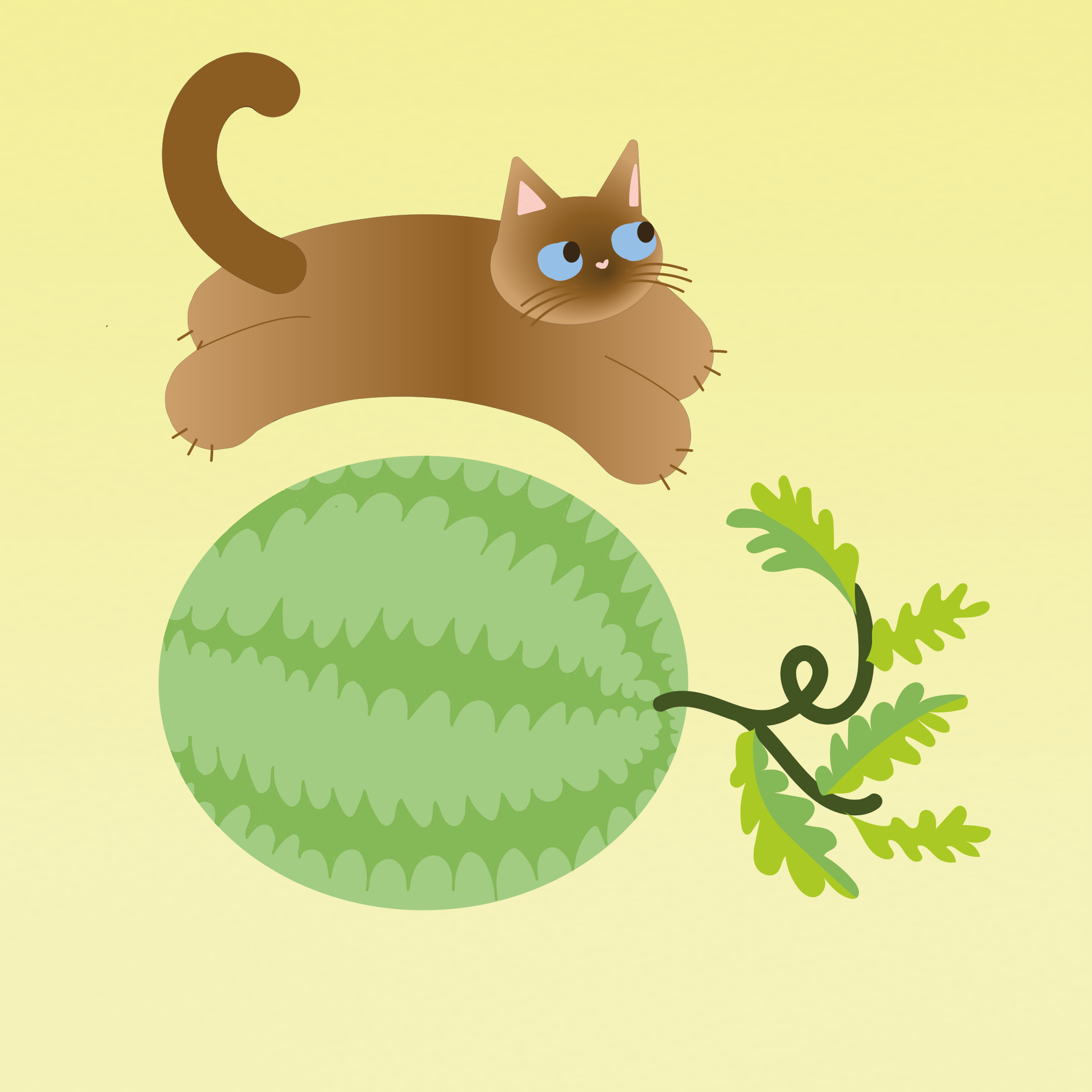Eine Cartoon-Katze, die über eine Wassermelone springt