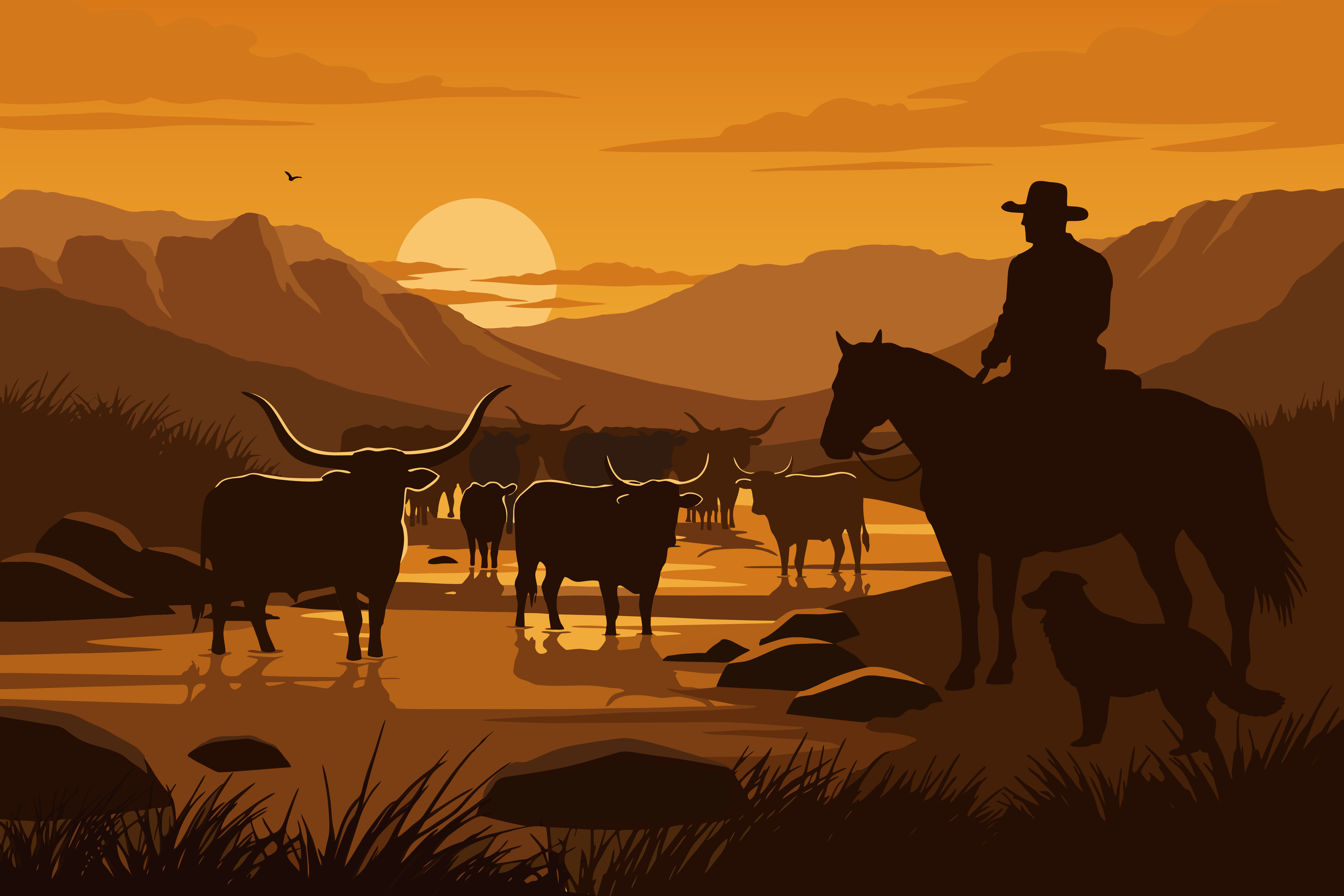 Vaquero pastoreando ganado al atardecer en un paisaje montañoso.