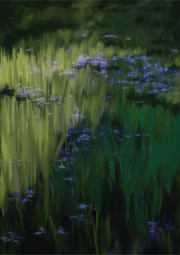 Nenúfares impresionistas con reflejos en agua verde