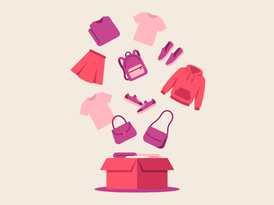 Clothing and accessories falling into an open box.