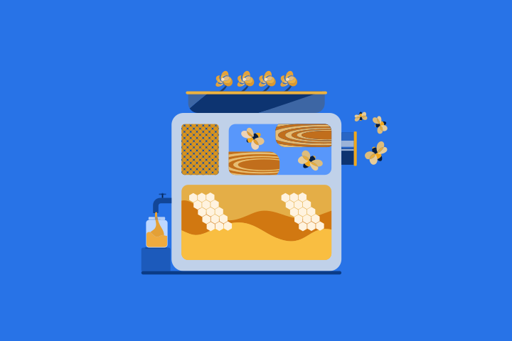 A machine producing popcorn against a blue background