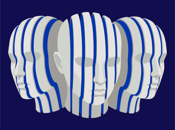 Trois têtes abstraites à rayures bleues et blanches