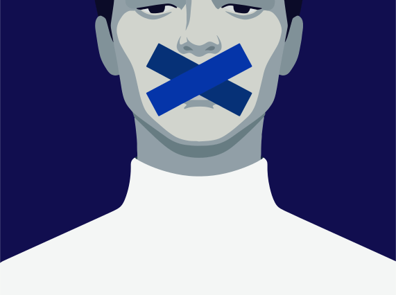 Man with blue tape over his mouth